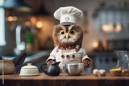 Owl as a chef cook in a restaurant kitchen.