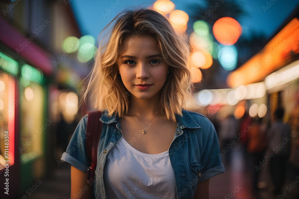 Cute Young Woman Out in the City at Dusk Generative AI Cute Young Woman Out in the City at Dusk Generative AI