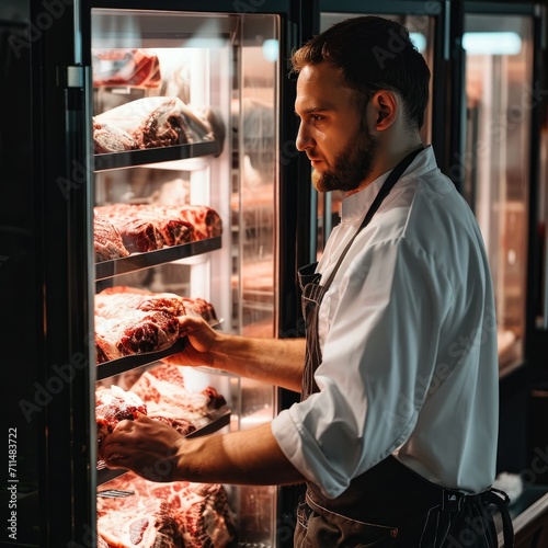 A butcher is packing fresh meat in refrigerator