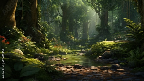 An ultra-realistic depiction of a lush forest  rich with detailed flora and fauna  highlighting intricate textures and natural lighting - Generative AI