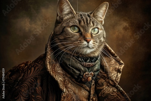 Cat An animal in Renaissance clothes, in a baroque suit, a close-up portrait of a past era, fashionable vintage retro style