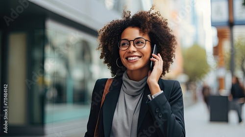 Joyful woman talking on the phone, walking in urban setting.