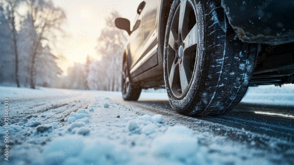 Aluminium alloy or steel auto wheel on the road with a winter landscape. Close-up of a car wheel with a rubber tire for winter weather.    