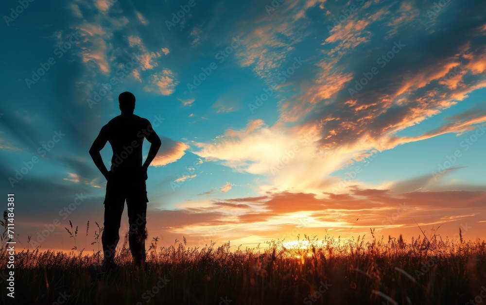 Fototapeta premium Silhouette of a man standing on top of a mountain and looking at the sunset