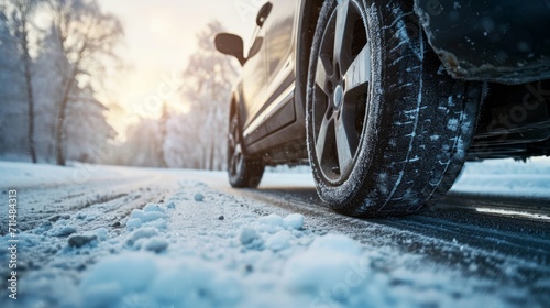 Aluminium alloy or steel auto wheel on the road with a winter landscape. Close-up of a car wheel with a rubber tire for winter weather.     photo