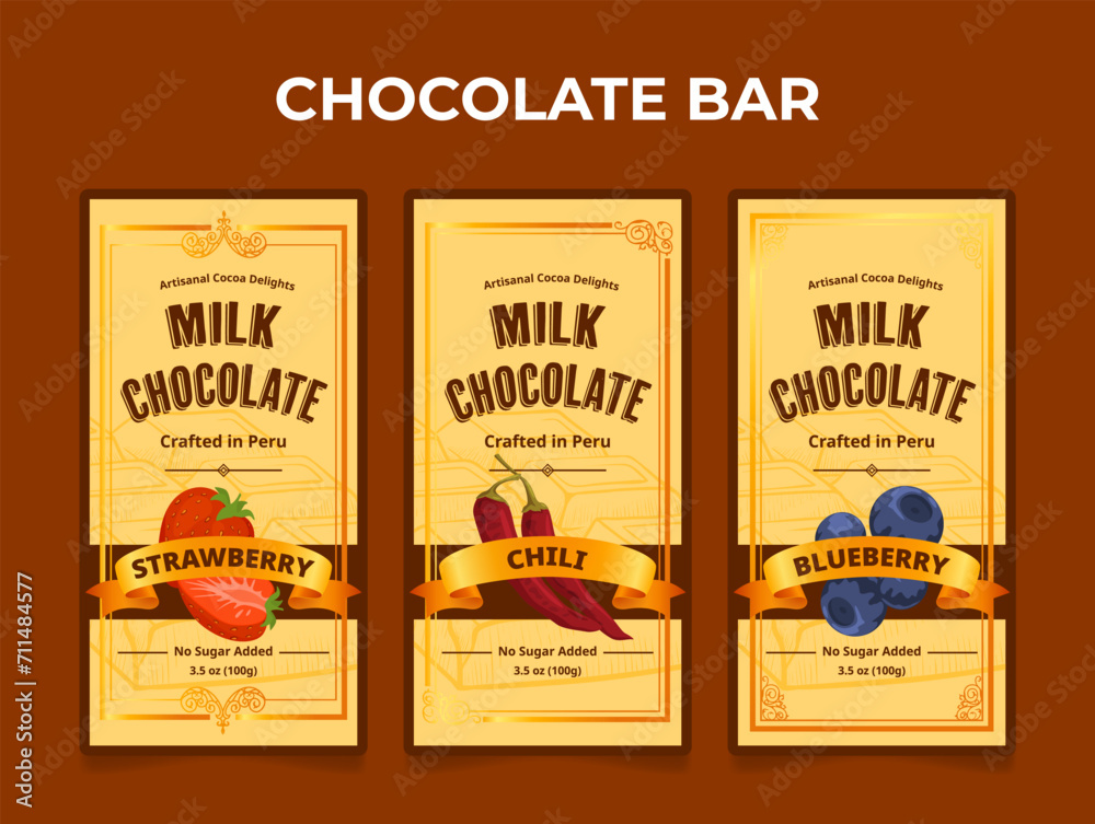 Milk chocolate bar with strawberry chili and blueberry label design template set vector illustration