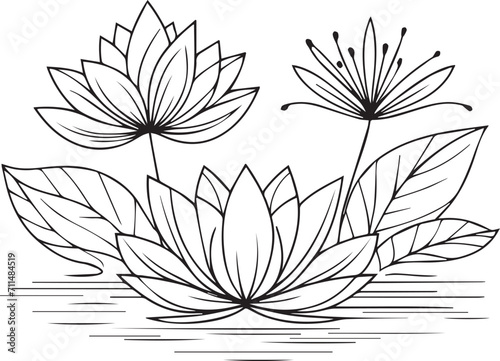 Waterlily line drawings, hand painted waterlily wall art, Campanule Clochette botanical wall art, simple bluebell drawing, waterlily stock outline drawing, lotus line art, hand drawn waterlily art