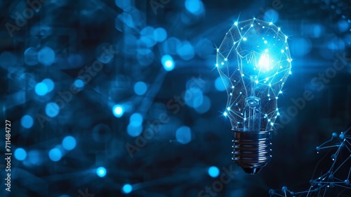 Artificial intelligence data digital innovation, abstract blue glow light bulb on dark blue background 