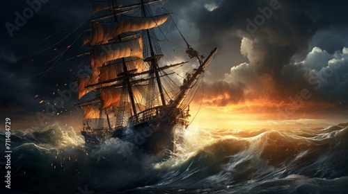 An ultra-realistic depiction of a sailing ship in the midst of a raging storm, turbulent seas and lightning strikes, capturing the intensity with intricate detail in a digital art form - Generative AI photo