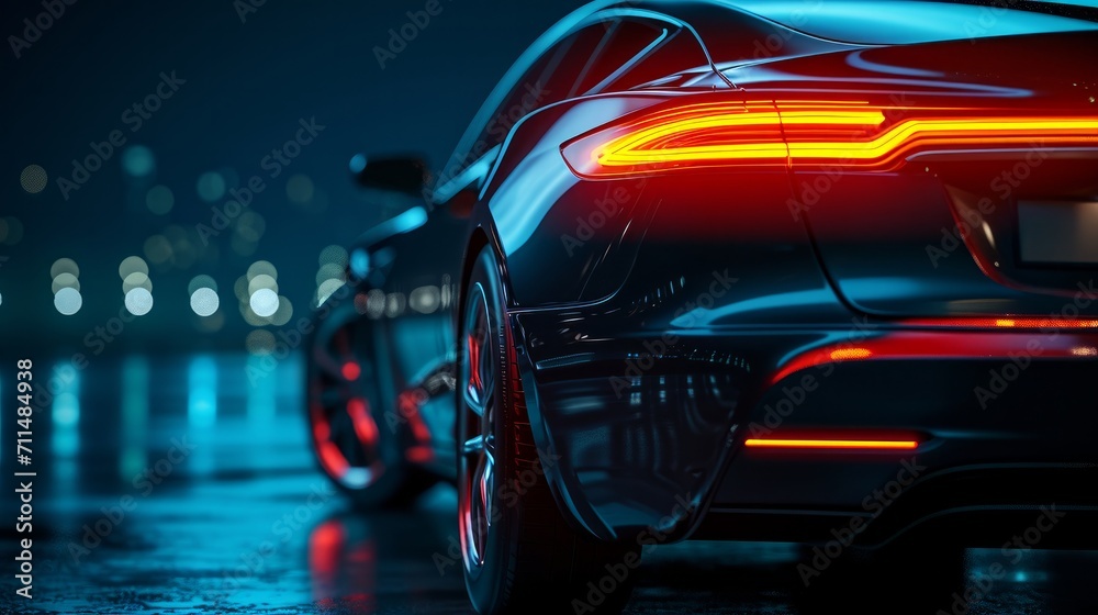 Back of the modern car on dark background with rear LED light close up (3D Illustration)    