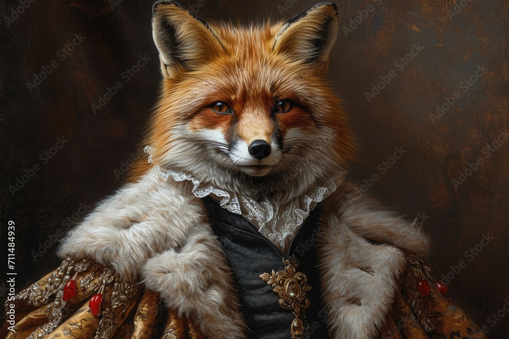Fox An animal in Renaissance clothes, in a baroque suit, a close-up portrait of a past era, fashionable vintage retro style
