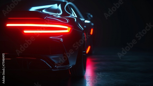 Back of the modern car on dark background with rear LED light close up (3D Illustration) 