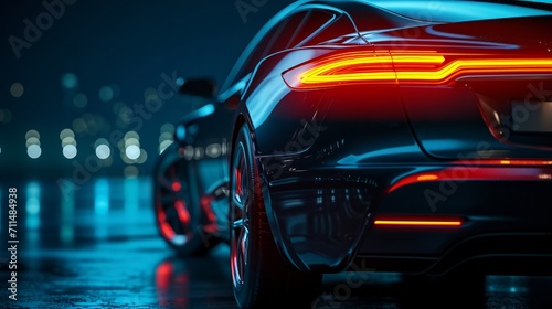 Back of the modern car on dark background with rear LED light close up (3D Illustration)     © Emil