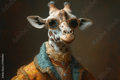 Giraffe An animal in Renaissance clothes, in a baroque suit, a close-up portrait of a past era, fashionable vintage retro style