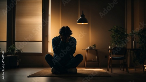 a photo of a man sitting in a dark room holding his head shows an expression made by AI generative