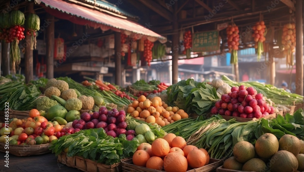 Photo of the traditional fruit and vegetable market in the morning made by AI generative