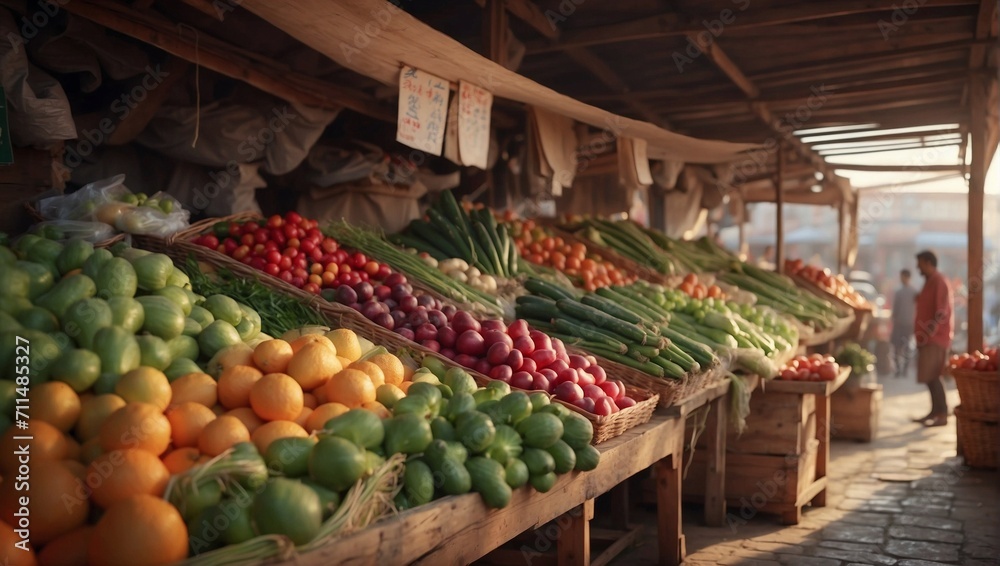 Photo of the traditional fruit and vegetable market in the morning made by AI generative