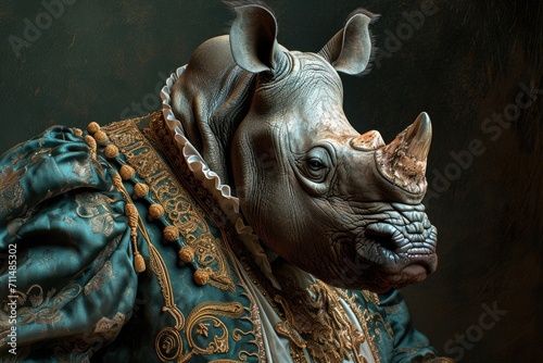 rhinoceros An animal in Renaissance clothes, in a baroque suit, a close-up portrait of a past era, fashionable vintage retro style © Gizmo