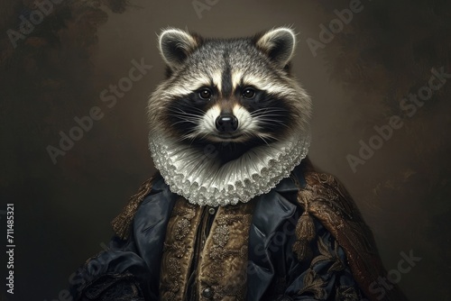 Raccoon An animal in Renaissance clothes, in a baroque suit, a close-up portrait of a past era, fashionable vintage retro style