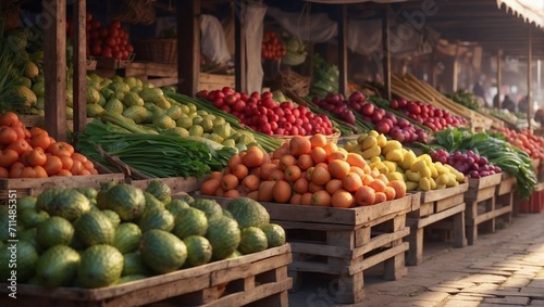 Photo of the traditional fruit and vegetable market in the morning made by AI generative