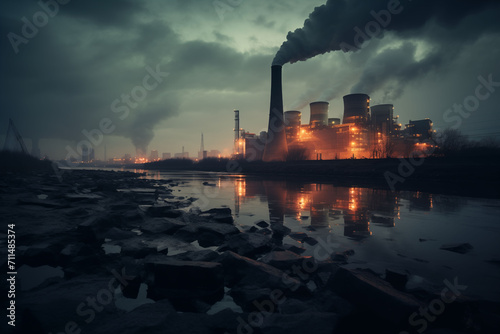 A moody industrial scene at dusk, where smoke billows from power plant towers into the reflective waters below