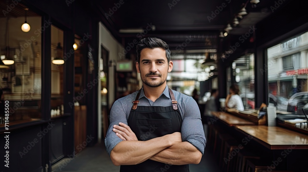 Stylish young café owner posing confidently inside his modern coffee shop. Stylish young café owner posing confidently inside his modern coffee shop.