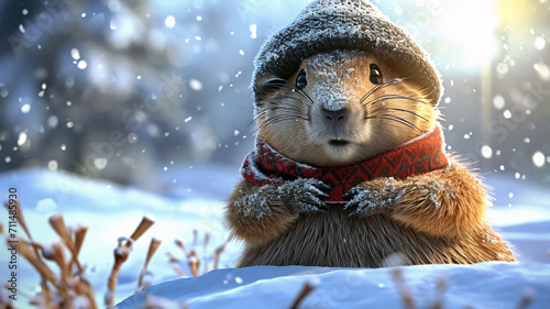 Portrait of a cute cartoon groundhog wearing a hat and scarf on a forest background. Early spring prediction. Groundhog Day celebration, February 2nd photo