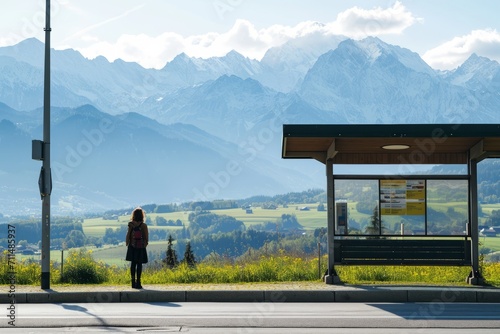 Bushaltestelle in den Alpen in Bayern mit Blick auf die Berge. Person wartet auf den Bus auf dem Land.