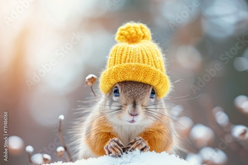 Eichhörnchen im Winter mit gelber Pudelmütze im Schnee. Lustiges Hörnchen mit Mütze.