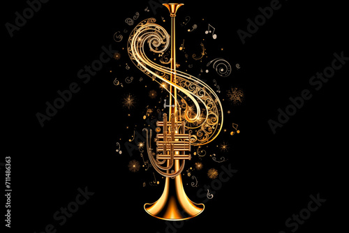 Trumpet fantasy musical instrument illustration decorated, black background card for music event