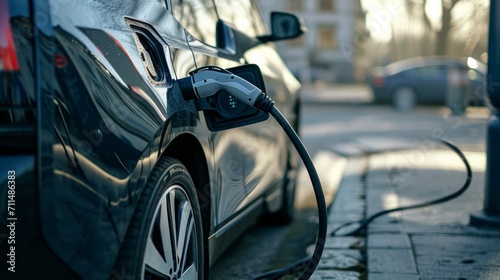 Charging EV at station. Close-up of a charging plug. 