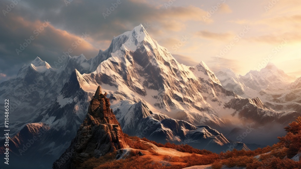 An ultra-realistic mountain panorama showcasing snow-capped peaks, the morning sun casting warm hues on rocky cliffs - Generative AI
