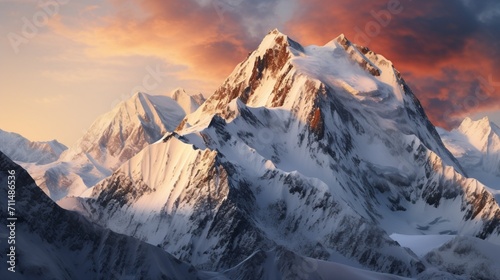 An ultra-realistic mountain panorama showcasing snow-capped peaks, the morning sun casting warm hues on rocky cliffs - Generative AI