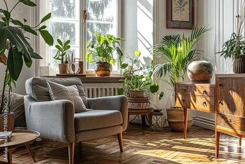 Modern scandinavian living room with design furniture, grey sofa, plants, bamboo bookstand and wooden desk. Brown wooden parquet. Nice apartment. Stylish decor. Bright and sunny side of home space.