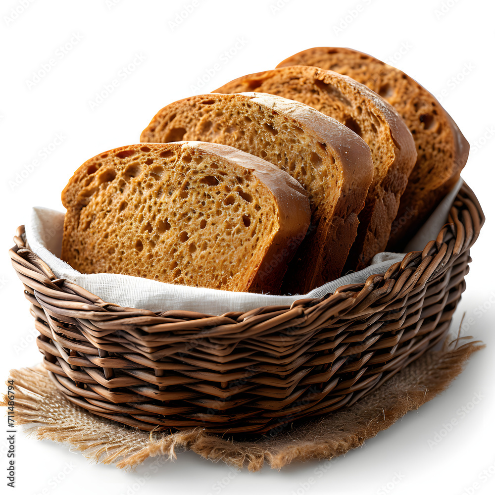Bread basket and bread slices isolated on white background, minimalism, png
