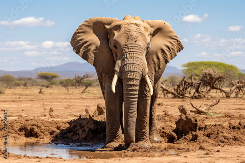 African Desert Elephant Digging for Water in Arid Desert