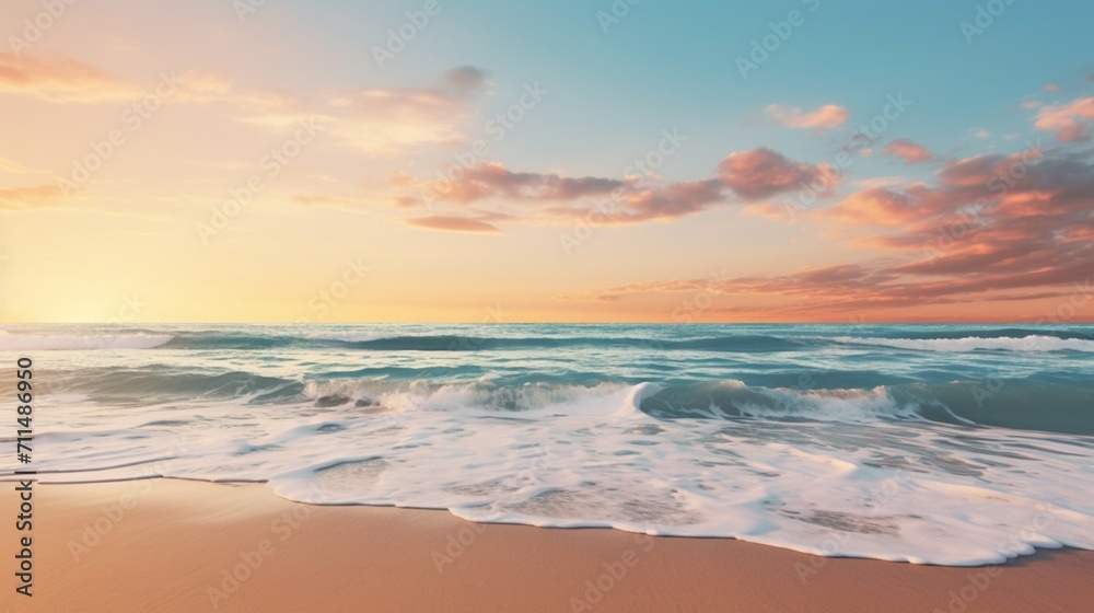 An ultra-realistic ocean vista featuring golden hour hues, calm azure waters gently lapping at sandy shores, distant sailboats resting under a pastel sky - Generative AI
