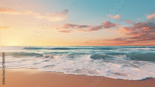 An ultra-realistic ocean vista featuring golden hour hues, calm azure waters gently lapping at sandy shores, distant sailboats resting under a pastel sky - Generative AI © Huzaifa