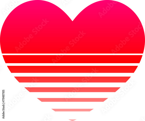 Heart symbol in 80s sun style with striped bottom. Synthwave style symbol of love, romance