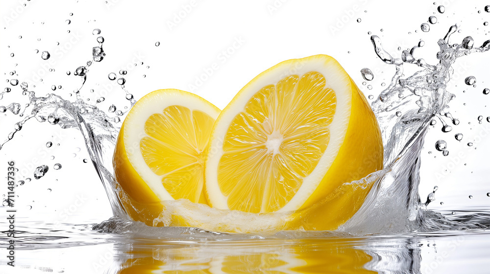 Lemon sliced on a white background with water splash, Generative AI