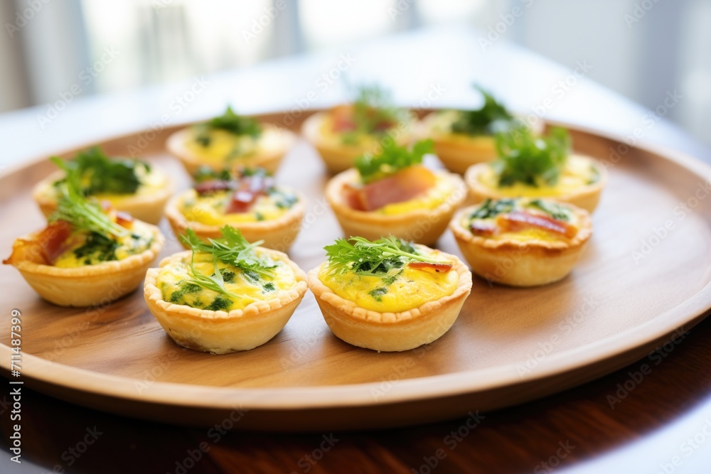 individual mini quiche lorraines on a platter with parsley individual mini quiche lorraines on a platter with parsley