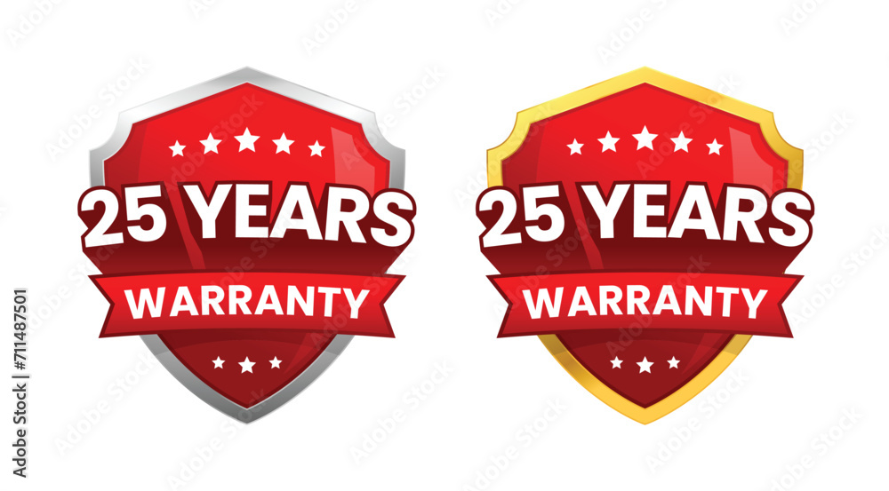 Obraz premium 25 years warranty label, logo, icon badge. minimalist shiny red gold silver shield. Vector design