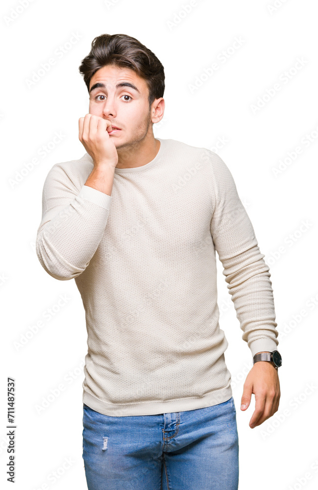 Young handsome man over isolated background looking stressed and nervous with hands on mouth biting nails. Anxiety problem. Young handsome man over isolated background looking stressed and nervous with hands on mouth biting nails. Anxiety problem.