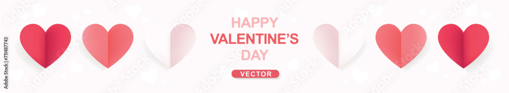 Banner pink and red gradient hearts for valentine's day on white background. Vector illustration. Pastel paper origami with space for text Banner pink and red gradient hearts for valentine's day on white background. Vector illustration. Pastel paper origami with space for text