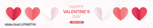 Banner pink and red gradient hearts for valentine's day on white background. Vector illustration. Pastel paper origami with space for text