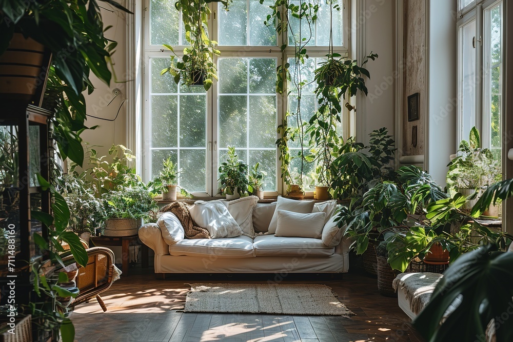 White walled living room with sofas and plants.