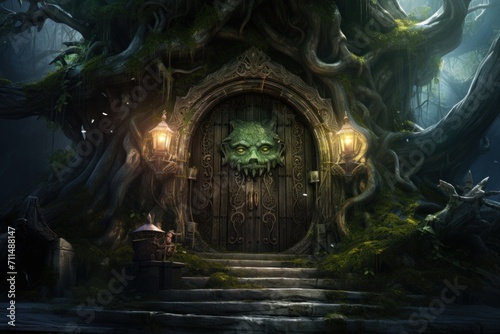 Mysterious portal, halloween magic door in the dark forest. © vlntn