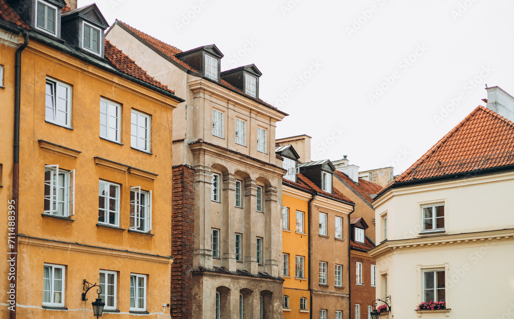 Colorful historic houses in the Old Town of Warsaw city, Poland. Traditional architecture, travel postcard