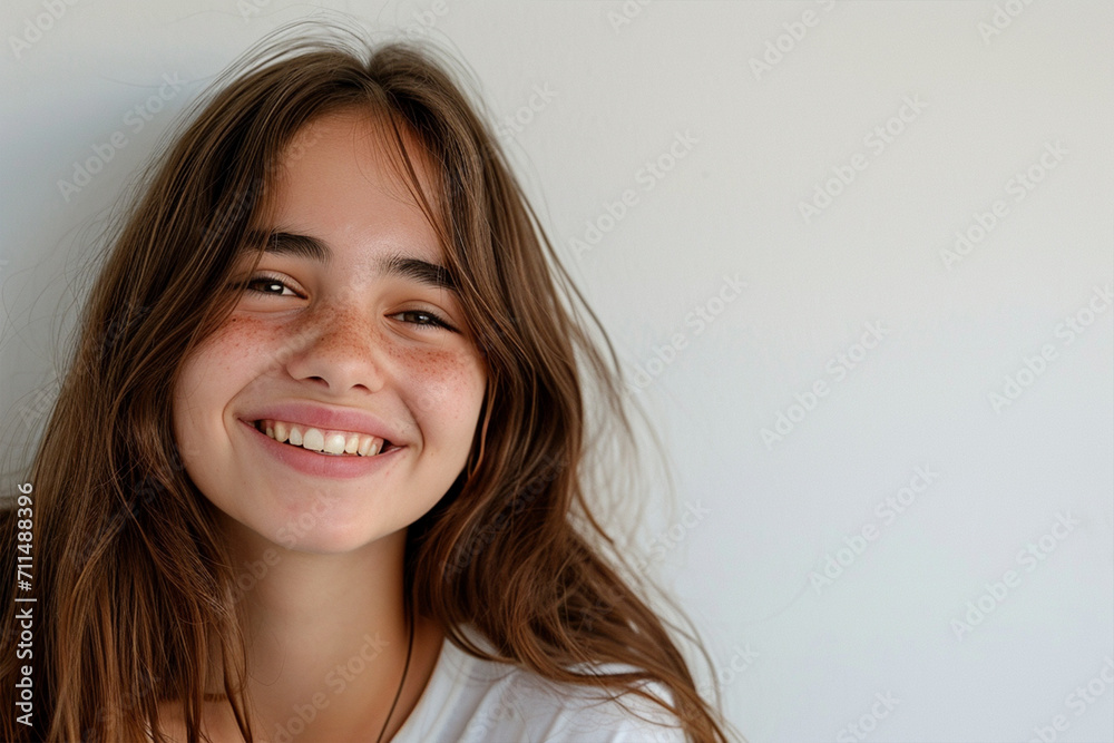 Portrait of a smiling girl on a white background, ai technology Portrait of a smiling girl on a white background, ai technology