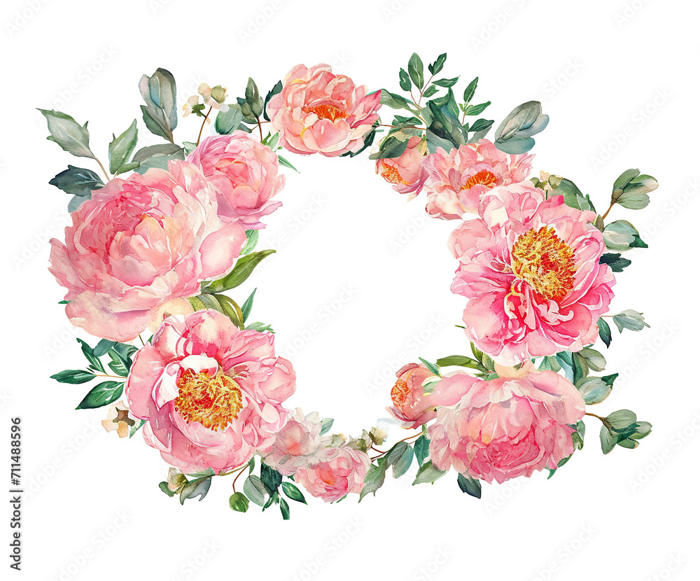 Watercolor wreath with pink flowers peonies. Spring composition isolated on white background
